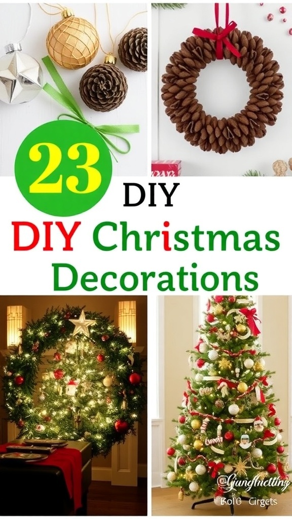 50 DIY Christmas Decorations Ideas A collection of DIY Christmas decorations including ornaments, a wreath, and a decorated tree.